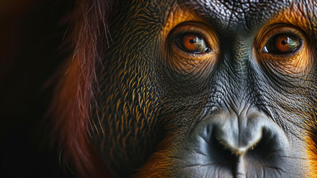 an Orangutan's face close-up shot. the captivating world of wildlife through this documentary-style photo, where the focused eyes of the Orangutan tell a story of wisdom and connection with natureの素材