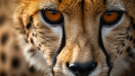 untamed beauty of nature striking close-up photograph capturing the focused eyes and intricate details of a cheetah's face. brings you up-close to the majestic world of these incredible creaturesの素材