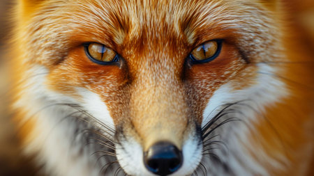 Explore the world of a red fox up close with this documentary photo. The image captures the intense gaze and distinctive features of the fox's face, providing a glimpse into the beauty of natureの素材