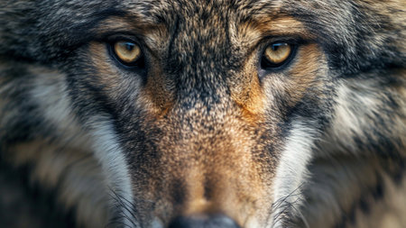 a Gray Wolf through this compelling close-up shot, capturing the intense gaze and intricate details of its face. A mesmerizing documentary photo that brings the elusive world of wolves to lifeの素材