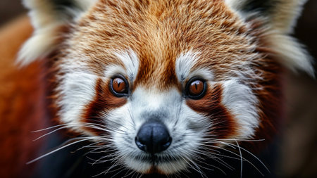 Red Panda through this stunning close-up shot capturing the intensity in its focused eyes. This documentary photo provides a unique glimpse into the intricate details of this enchanting speciesの素材
