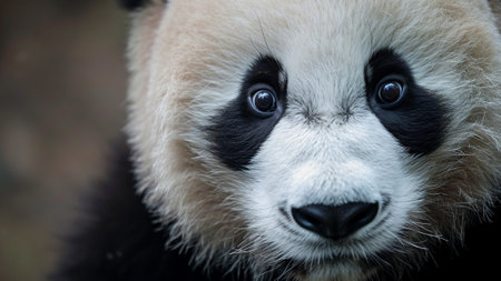 a Giant Panda close-up shot, focusing on its expressive eyes. This documentary photo captures the essence of this iconic and endangered species, offering a unique glimpse into their natural beautyの素材