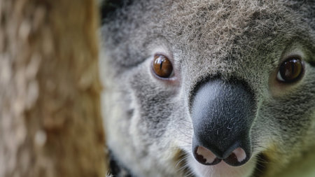 a close-up shot capturing the details of a Koala's face. This photo showcases the focused eyes of this iconic marsupial, offering a unique perspective into the world of Australia's beloved wildlife.の素材