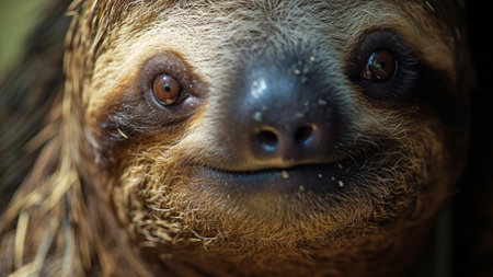 sloths documentary photo. the intricate details of a sloth's face, focusing on its expressive eyes. This close-up shot provides a unique glimpse into the serene life of these slow-moving creatures.の素材