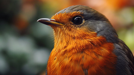 world of a Robin bird close-up photograph, highlighting its focused eyes. This documentary-style image captures the intricate details of nature, a unique perspective on the beauty of wildlifeの素材