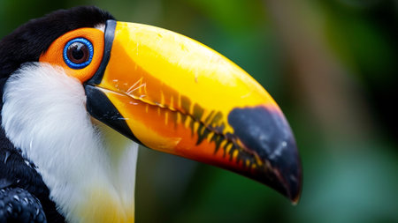 the intricate beauty of a Toucan's face in this captivating close-up shot. The focused eyes and vivid hues the unique charm of these extraordinary birds. the natural wonders of the animal kingdomの素材