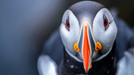 Explore the mesmerizing world of puffins with this stunning close-up shot, capturing the intricate details of a puffin's face and its focused eyes. every feather and expression tells a unique storyの素材