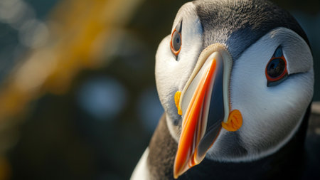 Explore the mesmerizing world of puffins with this stunning close-up shot, capturing the intricate details of a puffin's face and its focused eyes. every feather and expression tells a unique storyの素材