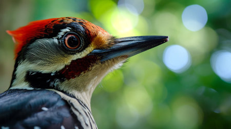 woodpeckers with incredible close-up shot capturing the focused eyes of this remarkable bird. This documentary-style photo unveils the intricate details of the woodpecker's face, presence in natureの素材