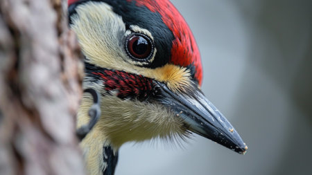 woodpeckers with incredible close-up shot capturing the focused eyes of this remarkable bird. This documentary-style photo unveils the intricate details of the woodpecker's face, presence in natureの素材