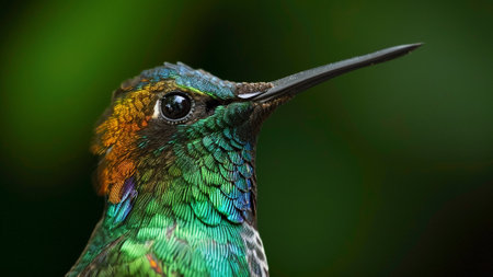 the intricate beauty of a hummingbird's face in this captivating close-up shot. Focus on its expressive eyes and delve into the fascinating details of nature through this documentary-style photographの素材