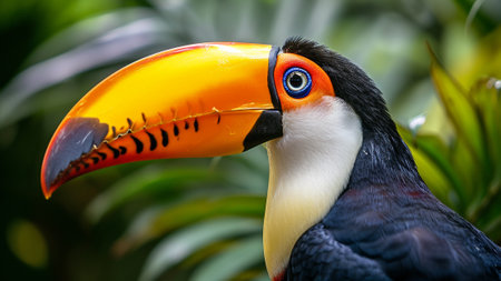 the intricate beauty of a Toucan's face in this captivating close-up shot. The focused eyes and vivid hues the unique charm of these extraordinary birds. the natural wonders of the animal kingdomの素材