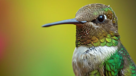 the intricate beauty of a hummingbird's face in this captivating close-up shot. Focus on its expressive eyes and delve into the fascinating details of nature through this documentary-style photographの素材