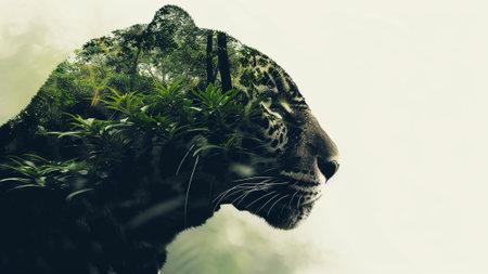 a stealthy jaguar in a silhouette double exposure. Immerse in the allure of the dense and mysterious Amazon rainforest, stylishly presented in the artful technique of double exposure photographyの素材