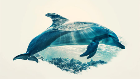 a graceful dolphin in a stunning silhouette double exposure. The crystal clear waters of the ocean and vibrant coral reefs create a stylish backdrop, bringing the magic of double exposure to lifeの素材