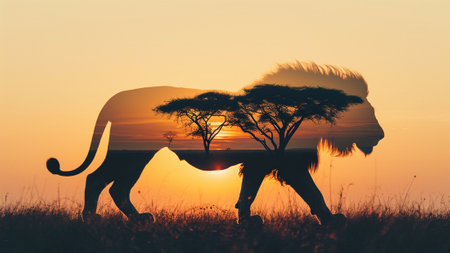 a majestic lion in a silhouette double exposure. the vast beauty of the African savannah, Immerse yourself in the artistry of double exposure, where the king of the jungle meets its natural habitatの素材
