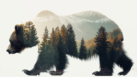 double exposure photography of a powerful grizzly bear in striking silhouette against a rugged mountain landscape adorned with lush pine trees the beauty of nature and wildlife through double exposureの素材