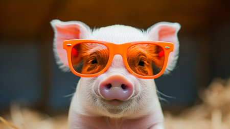a stylish Piglet in vibrant sunglasses. This adorable fashion model portrait exudes charm and personality. Ideal for nursery decor, greeting cards, or any design seeking a touch of playful.の素材
