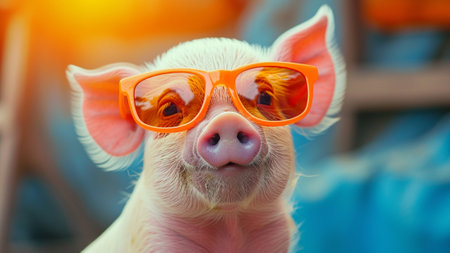 a stylish Piglet in vibrant sunglasses. This adorable fashion model portrait exudes charm and personality. Ideal for nursery decor, greeting cards, or any design seeking a touch of playful.の素材
