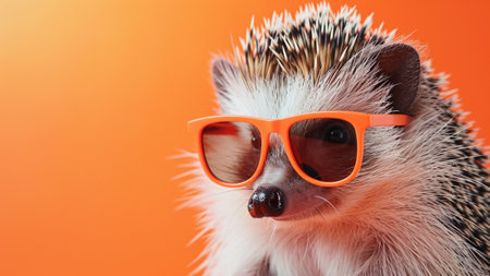 adorable Hedgehog Portrait donning trendy orange summershade sunglasses. This unique and stylish image captures the essence of a fashion model, making it a perfect addition to your creative projects.の素材
