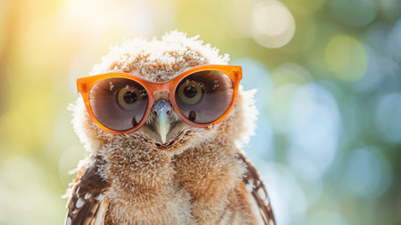 photograph of a Baby Owl in a stylish portrait, adorned with bright sunglasses for a trendy summer look. Explore the world of fashion-forward wildlife with this unique and eye-catching imageの素材