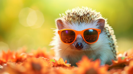 adorable Hedgehog Portrait donning trendy orange summershade sunglasses. This unique and stylish image captures the essence of a fashion model, making it a perfect addition to your creative projects.の素材