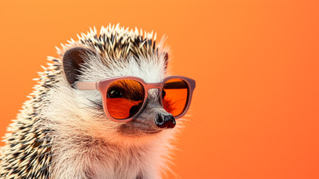 adorable Hedgehog Portrait donning trendy orange summershade sunglasses. This unique and stylish image captures the essence of a fashion model, making it a perfect addition to your creative projects.の素材