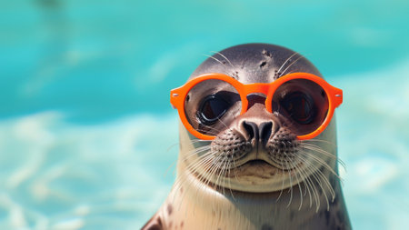 Capture the heartwarming charm of nature with this delightful photograph featuring a baby seal donning bright orange sunglasses. This stylish portrait exudes cuteness and playful eleganceの素材