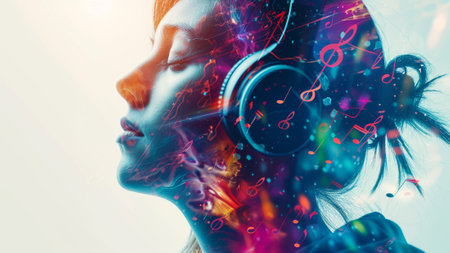 double exposure photograph. A person wearing headphones becomes a canvas for the vibrant fusion of musical notes and sound waves. celebrate creativity, innovation, the transformative power of sound.の素材