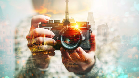 double exposure image. a pair of hands holding a camera, capture the essence of iconic landmarks and travel destinations. excitement and curiosity, inspiring the spirit of adventure in all behold it.の素材