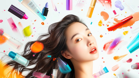 Asian woman immerses in the enchanting world of cosmetic exploration. With dynamic energy, she engages amidst a vibrant array of beauty essentials, capturing the essence of joy and self-expression.の素材