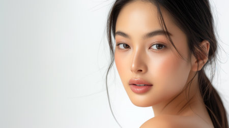 the essence of timeless beauty with this stunning image featuring a beautiful Asian woman. The minimalist approach accentuates her clean, glowing skin, adorned with subtle makeup enhancements.の素材