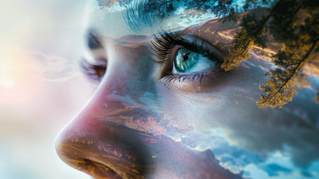 double exposure portrait. a person's face intricate reflection of a tranquil landscape within their eyes. concepts of mindfulness, self-discovery, and the harmony between inner and outer worlds.の素材