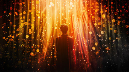 a mysterious silhouette stands illuminated by a spotlight, exuding an aura of anticipation and intrigue. vibrant theater curtains cascade, bathed in the warm glow of stage lights, for a performance.の素材