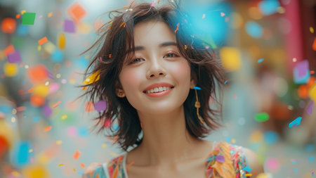 joy and freedom with a beautiful Asian woman adorned in vibrant and fashion pieces. colorful confetti in a lively city square, she dances with joy, celebrating individuality and freedom of expression.の素材