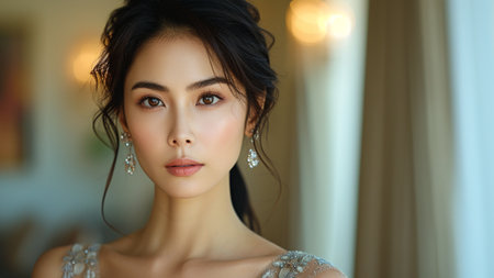 a beautiful Asian woman poses against the backdrop of a luxurious mansion. Dressed in an exquisite evening gown, grace and style. for fashion editorials, lifestyle blogs, or luxury brand promotionsの素材