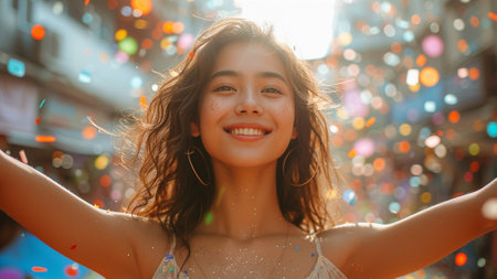 joy and freedom with a beautiful Asian woman adorned in vibrant and fashion pieces. colorful confetti in a lively city square, she dances with joy, celebrating individuality and freedom of expression.の素材