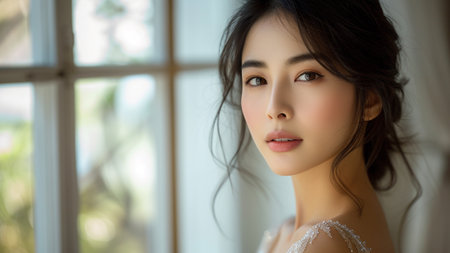 a beautiful Asian woman poses against the backdrop of a luxurious mansion. Dressed in an exquisite evening gown, grace and style. for fashion editorials, lifestyle blogs, or luxury brand promotionsの素材