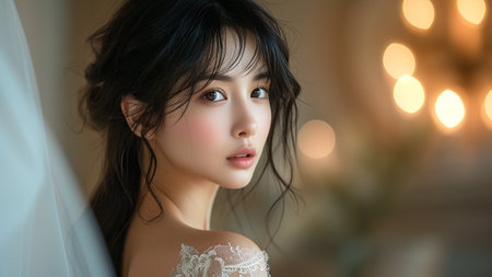 a beautiful Asian woman poses against the backdrop of a luxurious mansion. Dressed in an exquisite evening gown, grace and style. for fashion editorials, lifestyle blogs, or luxury brand promotionsの素材