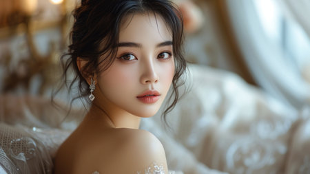 a beautiful Asian woman poses against the backdrop of a luxurious mansion. Dressed in an exquisite evening gown, grace and style. for fashion editorials, lifestyle blogs, or luxury brand promotionsの素材