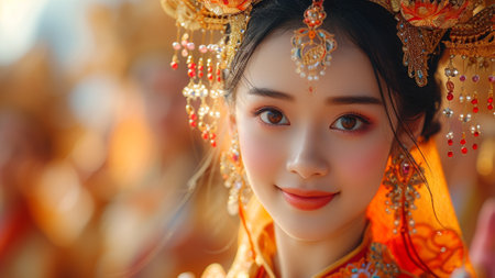 A beautiful Asian woman, adorned in ornate and intricately embroidered traditional garments, gracefully performs a traditional dance against the backdrop of an ancient temple. the beauty of Asian.の素材