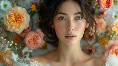Asian woman adorned in ethereal bridal couture, standing amidst a picturesque garden adorned with blooming flowers. perfect for wedding magazines, bridal websites, and romantic themed advertisementsの素材