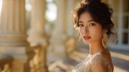 a beautiful Asian woman poses against the backdrop of a luxurious mansion. Dressed in an exquisite evening gown, grace and style. for fashion editorials, lifestyle blogs, or luxury brand promotionsの素材