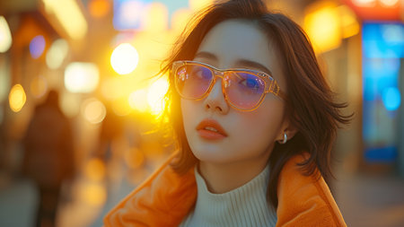 a beautiful Asian woman confidently navigating the bustling city streets using cutting-edge augmented reality glasses. With a sleek and modern aesthetic, sophistication to the vibrant cityscape.の素材