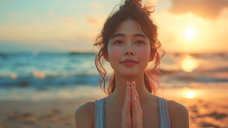 a beautiful Asian woman gracefully engaged in yoga poses. Set against the backdrop of calming waves and golden sands, mindfulness and inner peace. Perfect for wellness publications, yoga studios.の素材