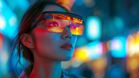 a beautiful Asian woman confidently navigating the bustling city streets using cutting-edge augmented reality glasses. With a sleek and modern aesthetic, sophistication to the vibrant cityscape.の素材
