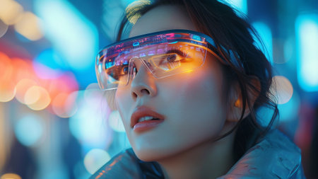 a beautiful Asian woman confidently navigating the bustling city streets using cutting-edge augmented reality glasses. With a sleek and modern aesthetic, sophistication to the vibrant cityscape.の素材