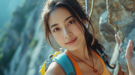 a beautiful Asian woman conquering a rugged cliff face through rock climbing. push beyond their limits and embrace challenges with confidence. for promoting outdoor adventure, fitness, and mental wellの素材
