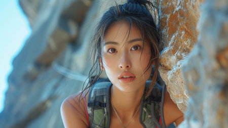 a beautiful Asian woman conquering a rugged cliff face through rock climbing. push beyond their limits and embrace challenges with confidence. for promoting outdoor adventure, fitness, and mental wellの素材