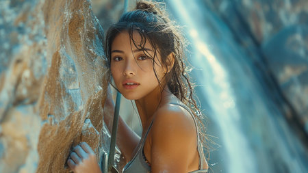 a beautiful Asian woman conquering a rugged cliff face through rock climbing. push beyond their limits and embrace challenges with confidence. for promoting outdoor adventure, fitness, and mental wellの素材